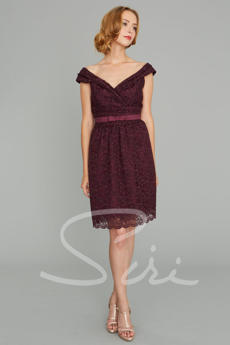 Portrait collar lace dress; wine color lace dress