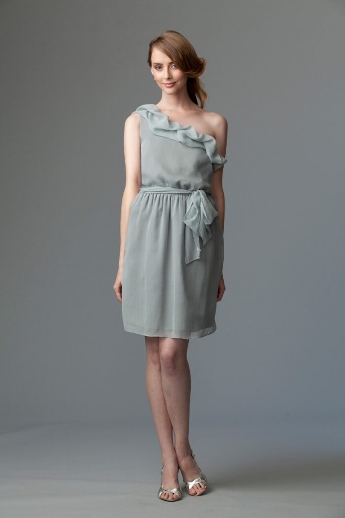silver chiffon one shoulder dress for outdoor party